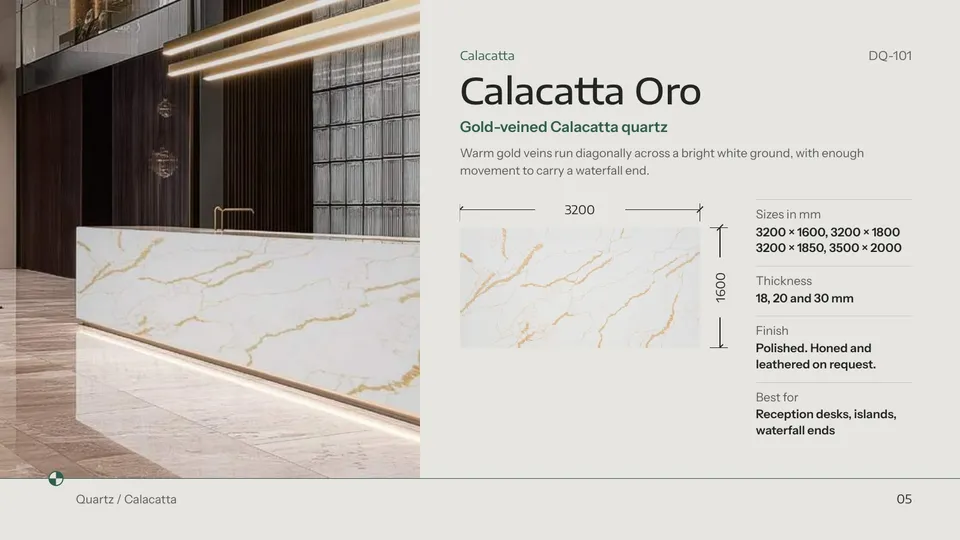 Catalogue page for Calacatta Oro quartz with a slab drawn to size