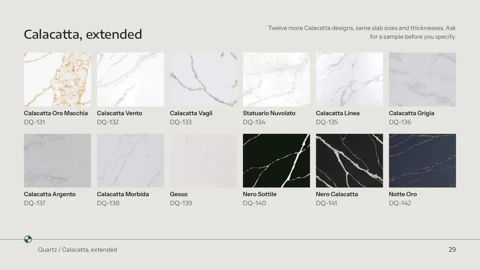 Extended Calacatta palette with codes