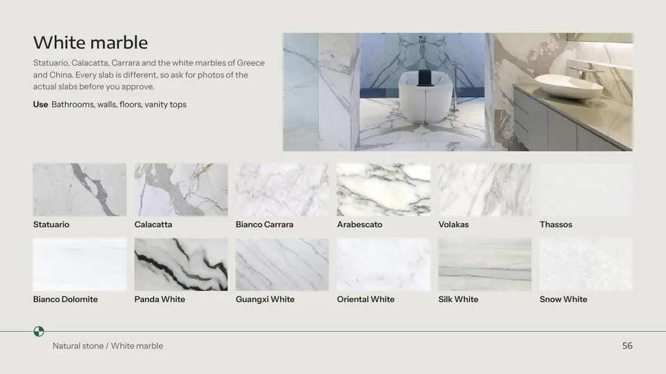White marbles, from Statuario to Thassos