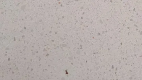 Travertino Fine engineered marble: light greige ground with small grey chips and a rare rust-red fleck
