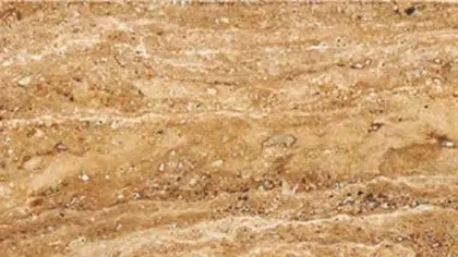 Coffee Travertine slab: wavy brown and caramel strata with thin cream lines