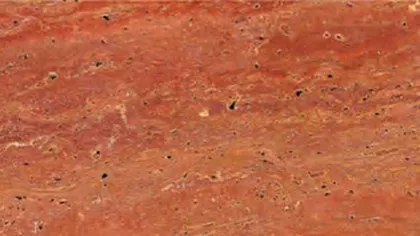 Red Travertine slab: mottled brick red and orange with small dark pores