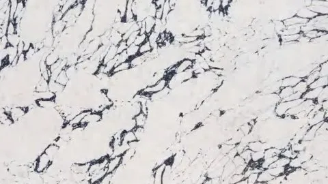 Arabescato Blu quartz slab: jagged ink-blue veins crumpling and forking across white