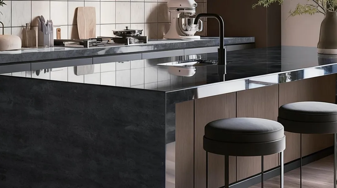 Kitchen with a Basalto quartz island and waterfall end beside two round stools