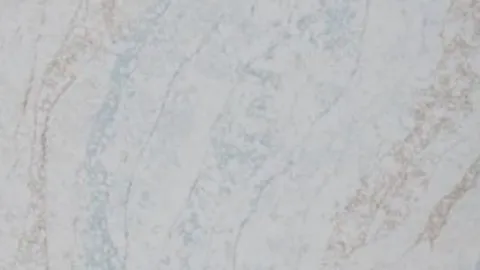 Blu Oro quartz slab: hazy soft blue and faded gold veins curving through pale grey