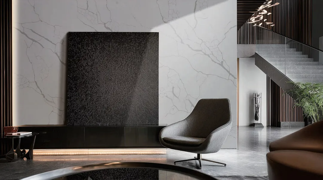 Living area with a full-height Calacatta Classico quartz wall behind a dark artwork and armchair
