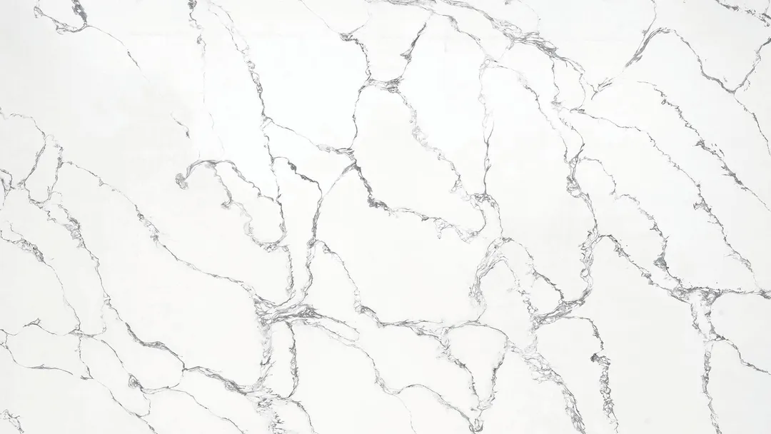 Calacatta Trama quartz slab: a dense web of fine grey veins over white