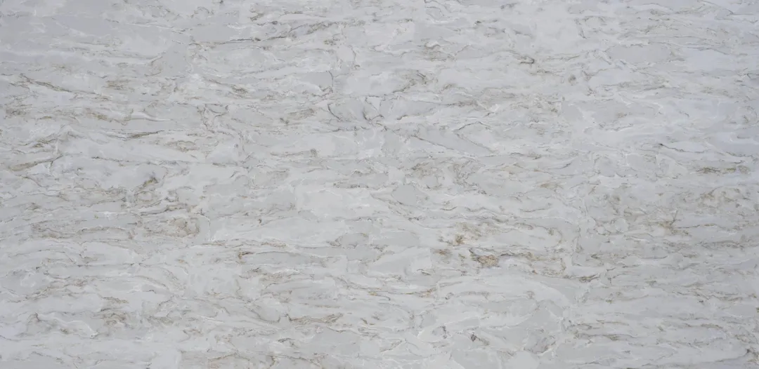 Cristallo Oro quartz slab: wavy gold-brown veins through layered white and grey