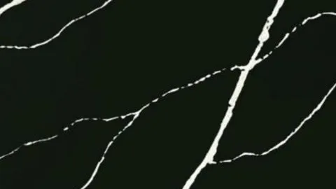 Nero Sottile quartz slab: crisp white crossing veins on near-black