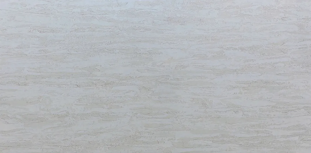 Travertino Velato quartz slab: soft horizontal banding in cream and grey
