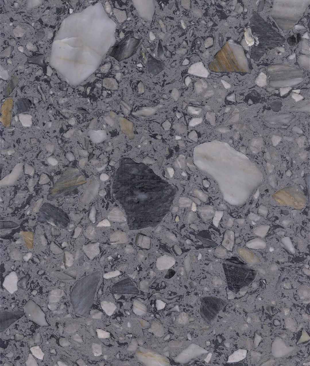 Arsenale terrazzo slab: large grey and white stones set in charcoal