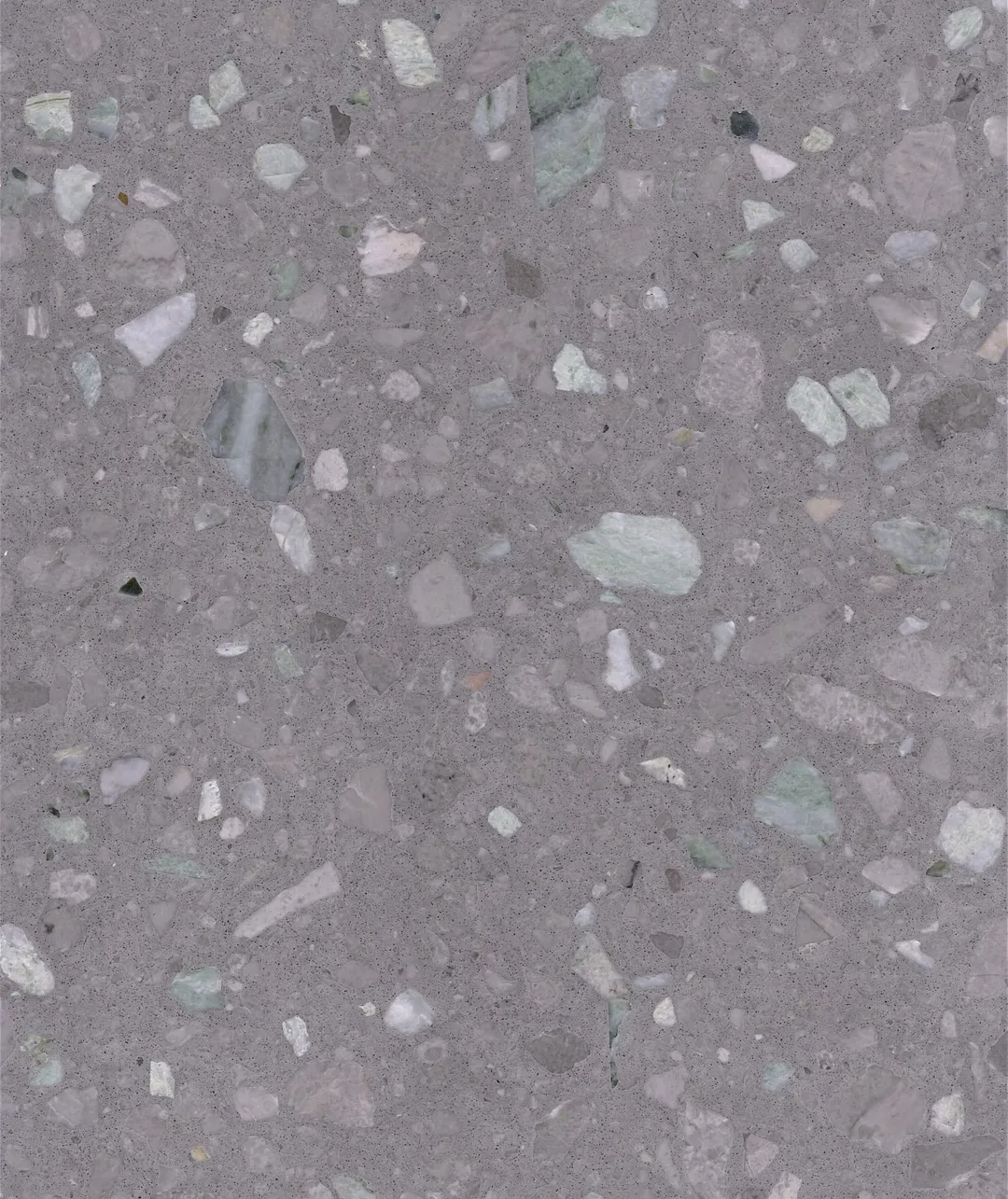 Burano Verde terrazzo slab: jade-green and pale stones on a grey ground