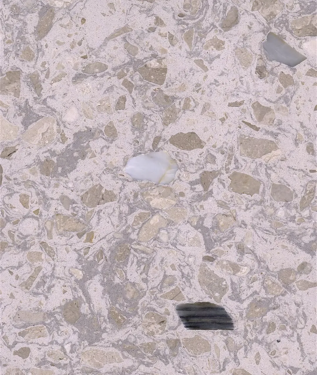 Dorsoduro terrazzo slab: scattered grey and olive-beige stones on a pale ground