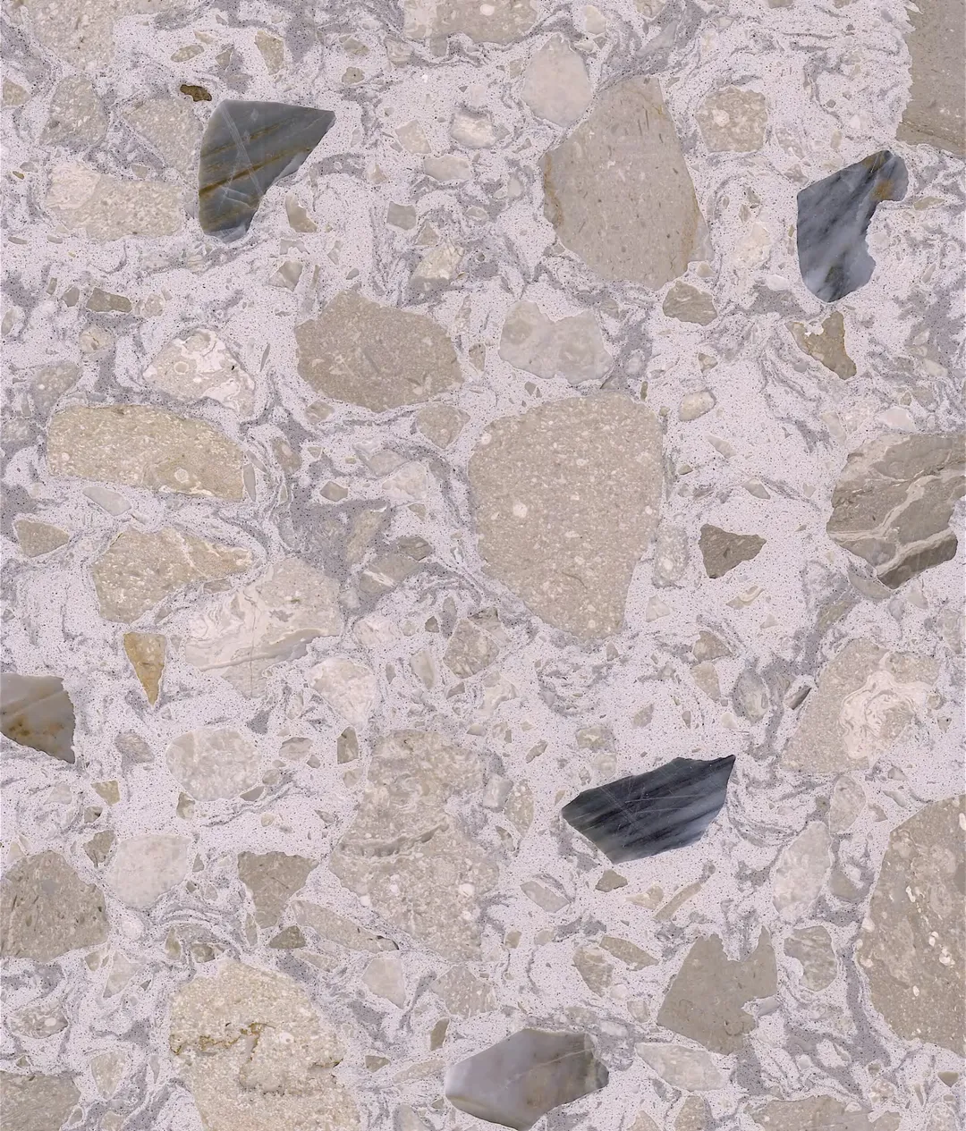 Torcello terrazzo slab: large beige and slate stones on a pale ground