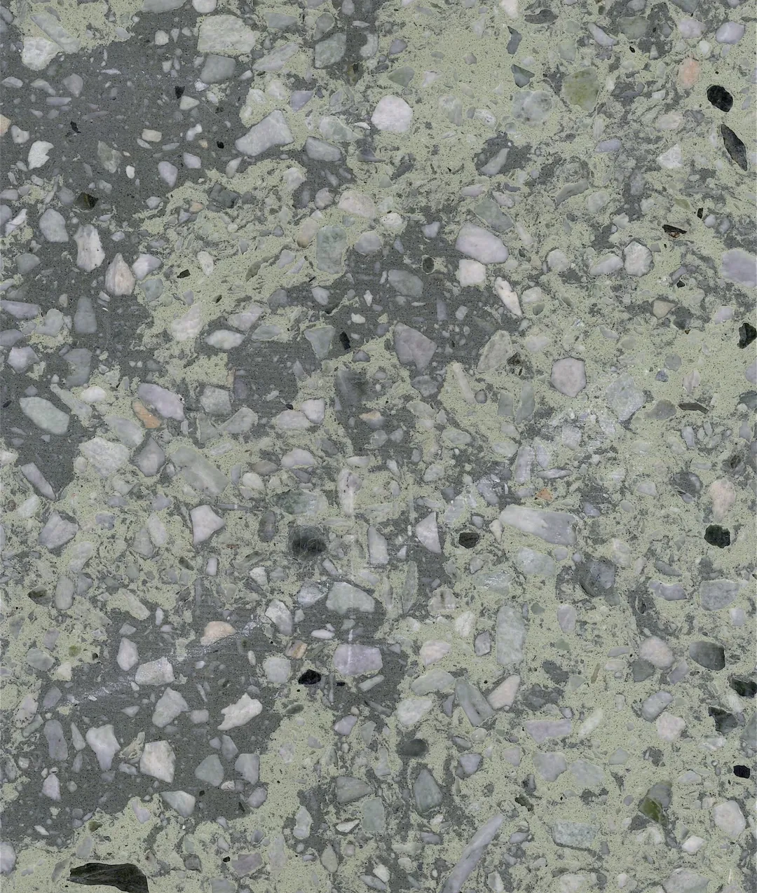 Verde Laguna terrazzo slab: lagoon green with large mixed grey and white stones